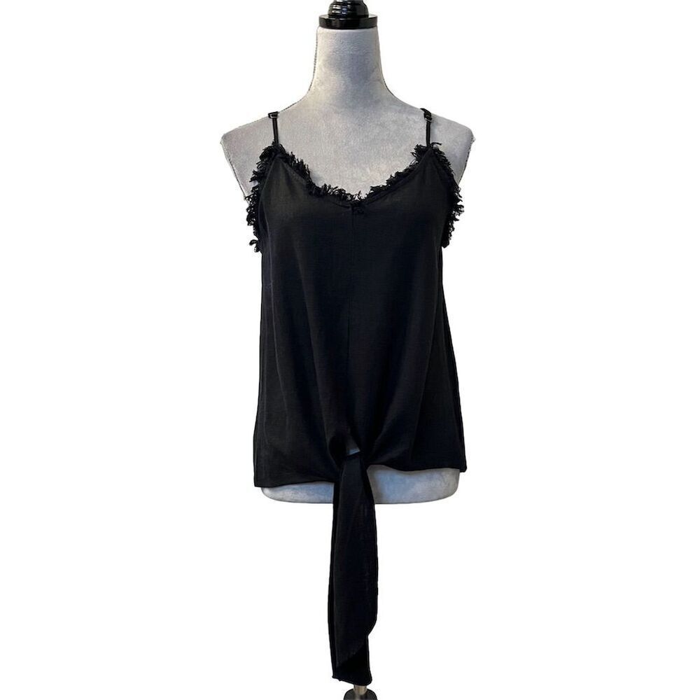 Umgee Women's Linen Black Frayed Tank Top w/ Front Tie S Gothic Grunge Witchy